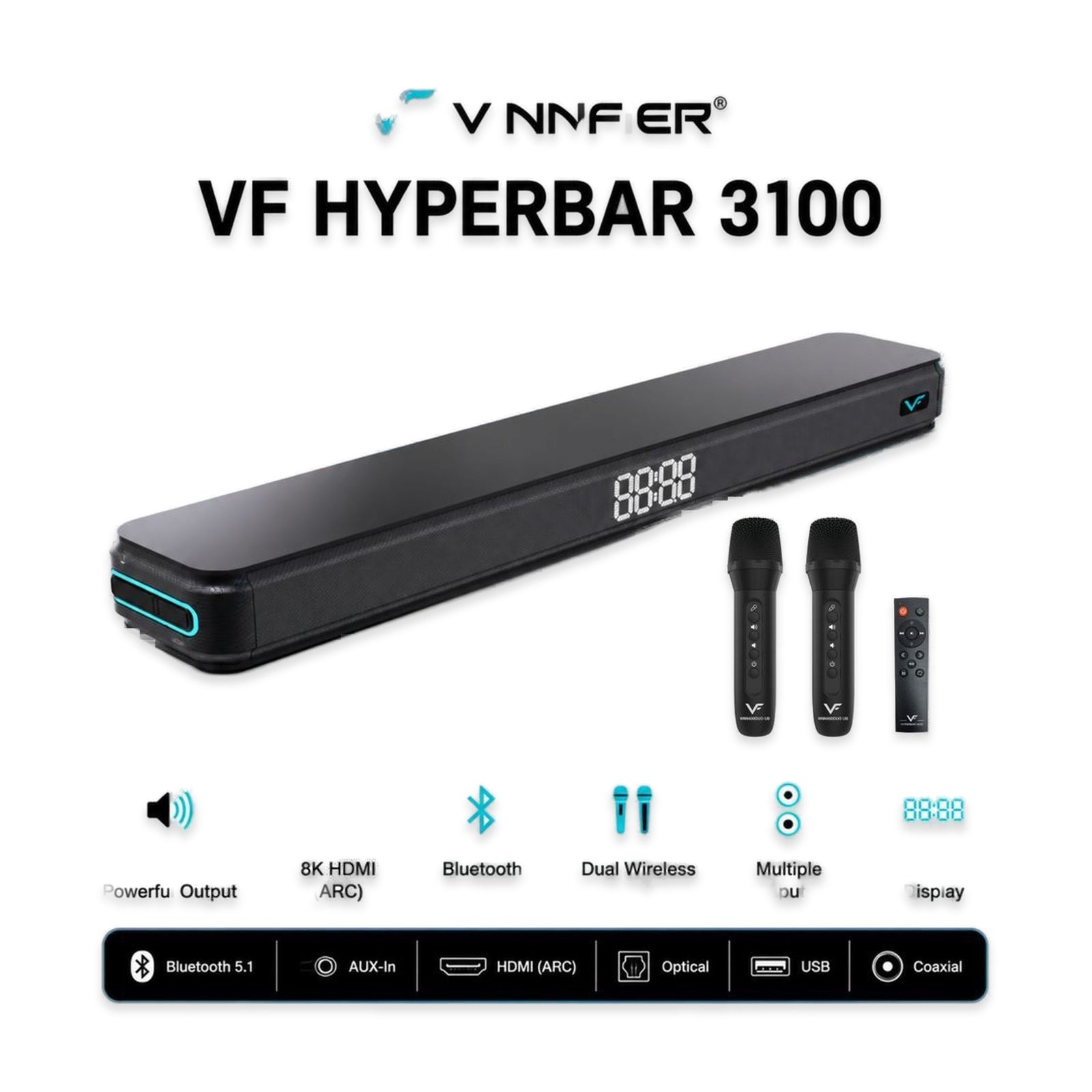 Vinnfier Hyperbar 3100 all-in-one soundbar with wireless microphones