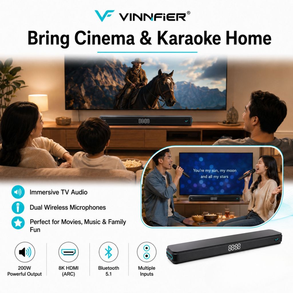 Vinnfier Hyperbar 3100 package includes soundbar microphones remote HDMI cable and adapter